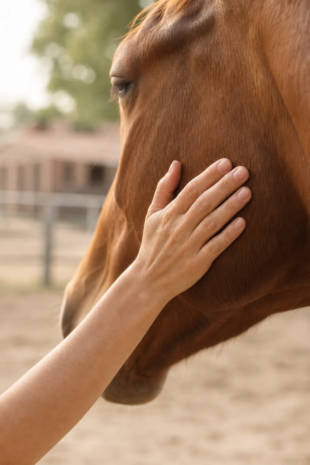 Ruhige Tiertherapie-Szene: Hand streicht sanft über die Nüstern eines entspannten Pferdes